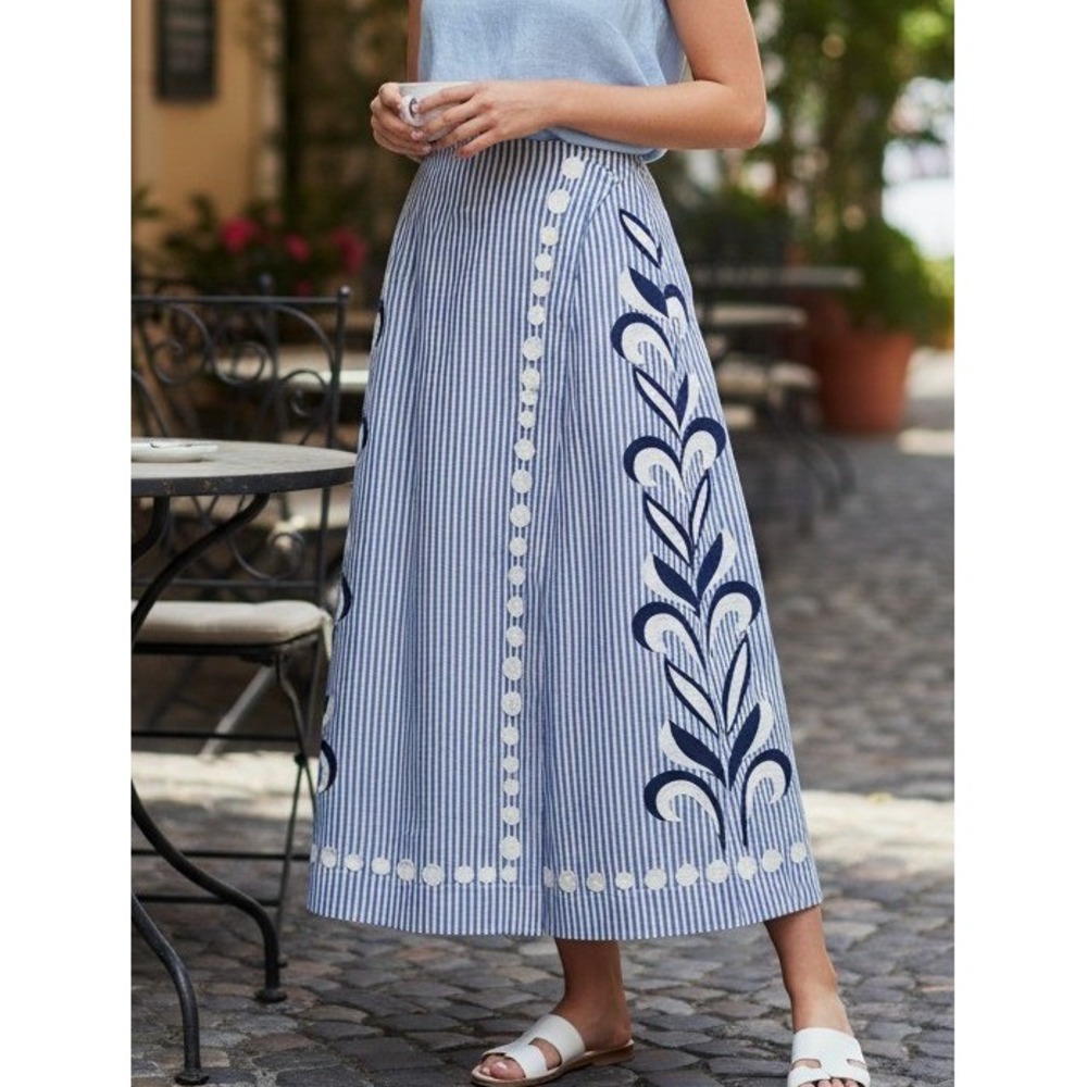 Carolina K Blue White Striped Organic Cotton Applique Midi Skirt Womens Size M
